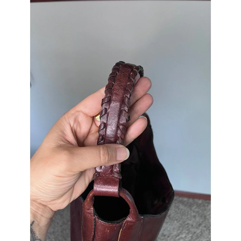 Vintage Mahogany Leather Whipstitch Rose Embossed Hobo Bag Crescent Shoulder Bag